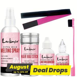 6 Piece Set Lace Fusion Spray for Wig Edges, Includes Wax Stick, Glue, Remover, Elastic Bands, and Edge Brush, Hair Styling Kit