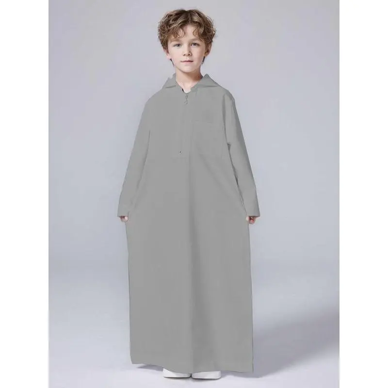 Boy's Solid Pocket Zipper Robe , Modest Hooded Long Sleeve Robe for Daily Wear, Kids Clothing for All Seasons 4