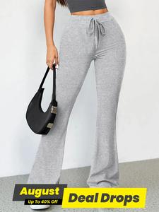 Women's High Waist Flare Leg Sports Tummy Control Leggings, Solid Color Drawstring High Stretch Yoga Leggings, Gym Clothes, Ladies Sportswear for Indoor Outdoor Wear, Flared Yoga Pants, Workout Clothes Women, Gym Sportswear Bottoms