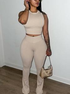 Women's Solid Crop Tank Top & High Waist Pants Set, Casual Fashion Cozy Ribbed Two Piece Outfits For Daily Wear, Ladies Summer Clothes