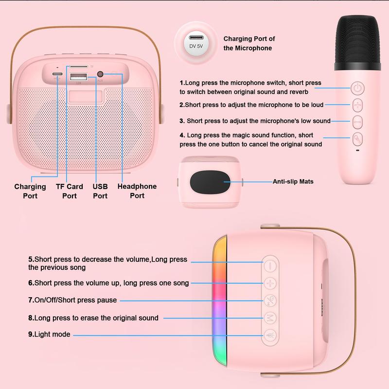 Kids Karaoke Machine,Portable Bluetooth Speaker with 2 Wireless Microphones/LED Light/Voice Changing Effects,Gifts for Age 3-18 Kids Boys Girls Families Birthday Party,Pink 7