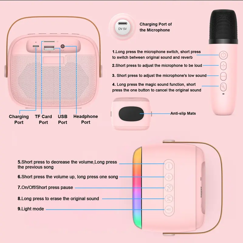 Kids Karaoke Machine,Portable Bluetooth Speaker with 2 Wireless Microphones/LED Light/Voice Changing Effects,Gifts for Age 3-18 Kids Boys Girls Families Birthday Party,Pink 6