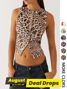 Women's Leopard Print Ribbed Short Tank Top, Casual Fitted Elegant Sleeveless Knit Button Decor Top for Daily Wear, Ladies Clothes for All Seasons, Womenswear, Casual Elegant Sleeveless Clothes for Women