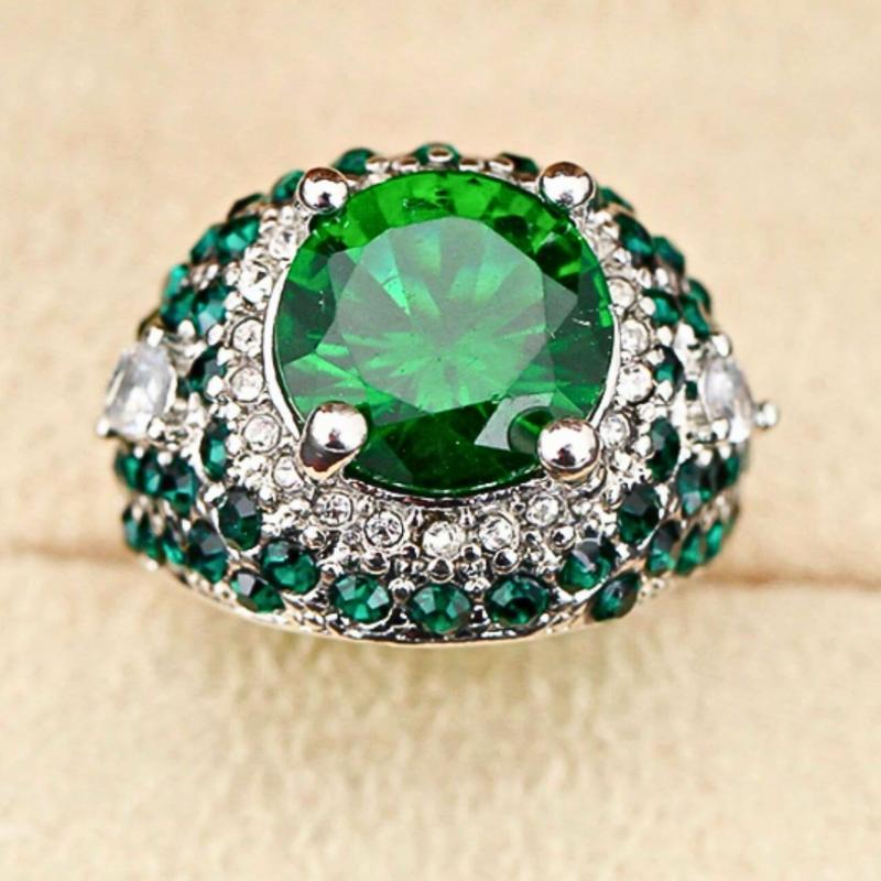 Fashion zinc alloy ring with green round Cubic Zirconia stone for men's business style, party jewelry, wedding ring, engagement ring, exquisite gift for him, husband, father, father's day 6