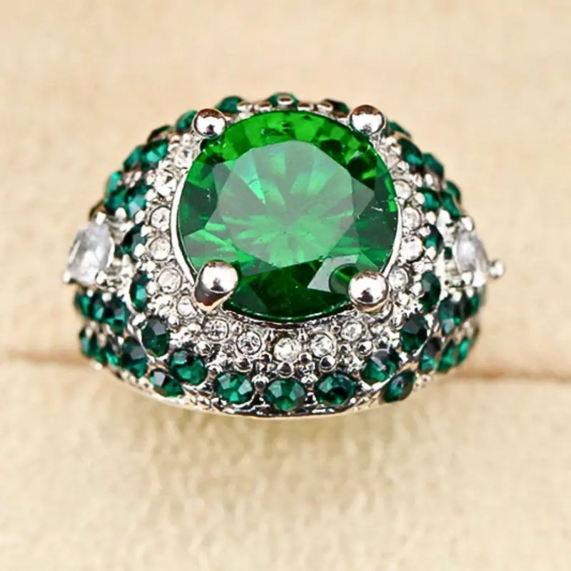 Fashion zinc alloy ring with green round Cubic Zirconia stone for men's business style, party jewelry, wedding ring, engagement ring, exquisite gift for him, husband, father, father's day 6