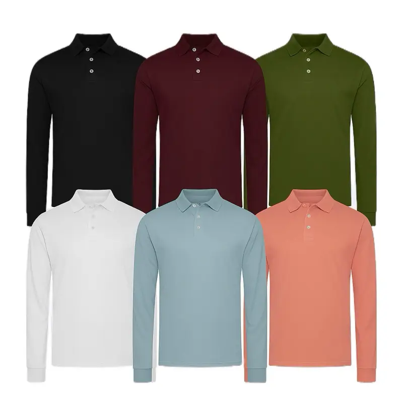 6-Pack Men’s Long Sleeve Pique Polo Shirts | Clean Fit, Smart Casual Essentials | Menswear Top – Beige, Plain, Motocross Style shirt mens men Cotton Soft Breathable Collar Layer Office Biker