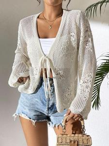 Women's Plain Crochet Cardigan, Casual Basic Long Sleeve Tie Front Knitwear for Summer, Fashion Minimalist Women's Knit Clothing for Daily Wear, Longsleeves Womenswear, Aesthetic Casual Knitwear