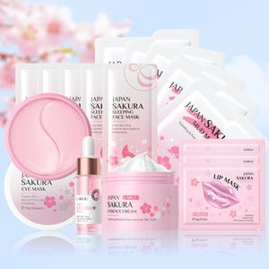 Sakura Skincare Set (16pcs/set), Sakura Eye Mask, Serum, Cream, Lip Mask, Sleeping Mask, Mud Mask, Moisturizing Skin Care Kit for Women