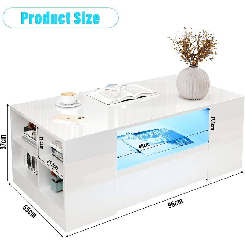 Coffee Table with 2 Drawer Storage, High Gloss Coffee Table for Living Room Wooden Centre Table with RGB Led Lights Rectangle Tea Table for Living Room Furniture, White 2
