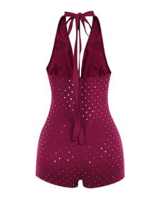 Women's Solid Color All Over Sequin Decor Sexy Deep V Neck Romper, Sexy Comfy Tie Back Backless Sleeveless Jumpsuit for Summer, Fashion Women's Clothing for Daily Wear