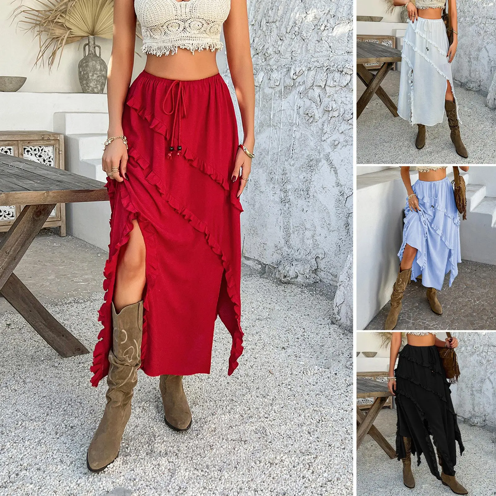 2025outfit New Women's Spring/Summer European and American Leisure Vacation Style Solid Color Flounce Trim Lace up Waist-Tight Mid-Length Skirt