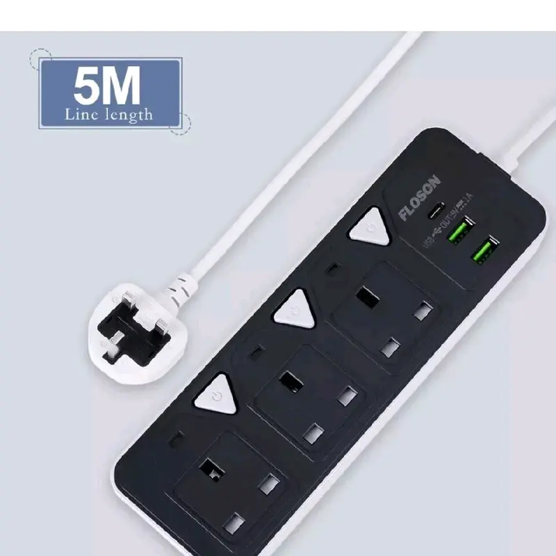 5M Extension Lead with 2 USB Cable Electric Plug Socket UK Mains 3 Gang Way UK 4