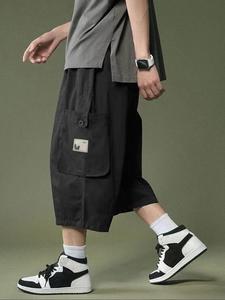 Men's Loose Letter Patched Flap Pocket Drawstring Wide Leg Cargo Capris Pants, Wide Leg Trousers, Casual Street Elastic Waist Trousers for Daily Wear, Mens Bottoms for All Seasons