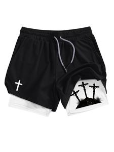 Men's Cross Print 2-in-1 Gym Shorts, Regular Fit Breathable Quick Drying Shorts for Gym Workout Running, Casual Men's Sportswear for Summer