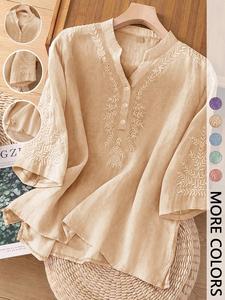 Women's Pure Color Embroidered Casual Loose V-Neck Button Shirt Top, Stylish Artistic Design, Comfortable and Versatile Wear