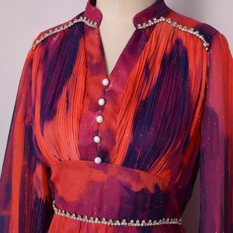 2025 Women's New Muslim Fashion Long Sleeve Loose Diamond-Studded Pink Party Dress 2