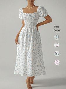 Women's Floral Print Bubble Sleeve Dress with Bow Tie Front, Square Neck One Shoulder Adjustable Design, Summer Boho Style