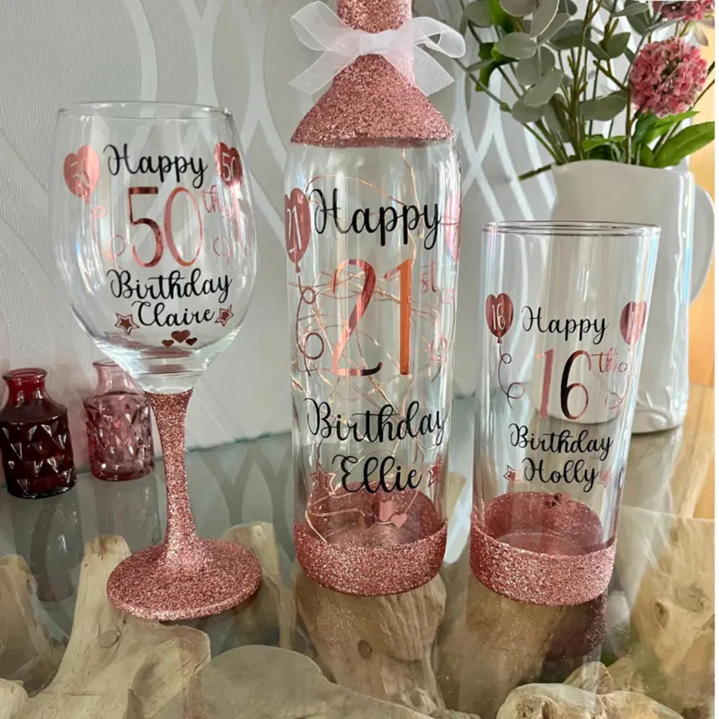 Personalised Glitter Birthday Glass Balloon design - 18th, 21st, 30th, 40th, 50th - Lit Wine Bottle Gin Wine - Rose Gold and many other colours available - Stylish, Drinkware 0