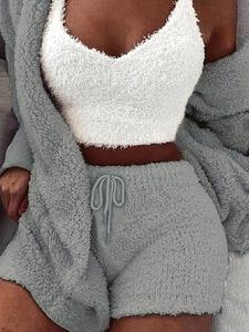 Women's Solid Color Plush Three-piece Pyjama Set, Fluffy Pajamas, Casual Comfy V Neck Crop Cami Top & Hooded Coat & Tie Front Shorts Loungewear Set, Women's Sleepwear for Winter, Fluffy Pajamas, Pajama Sets Women, Lady Sleep Sets, Womenswear