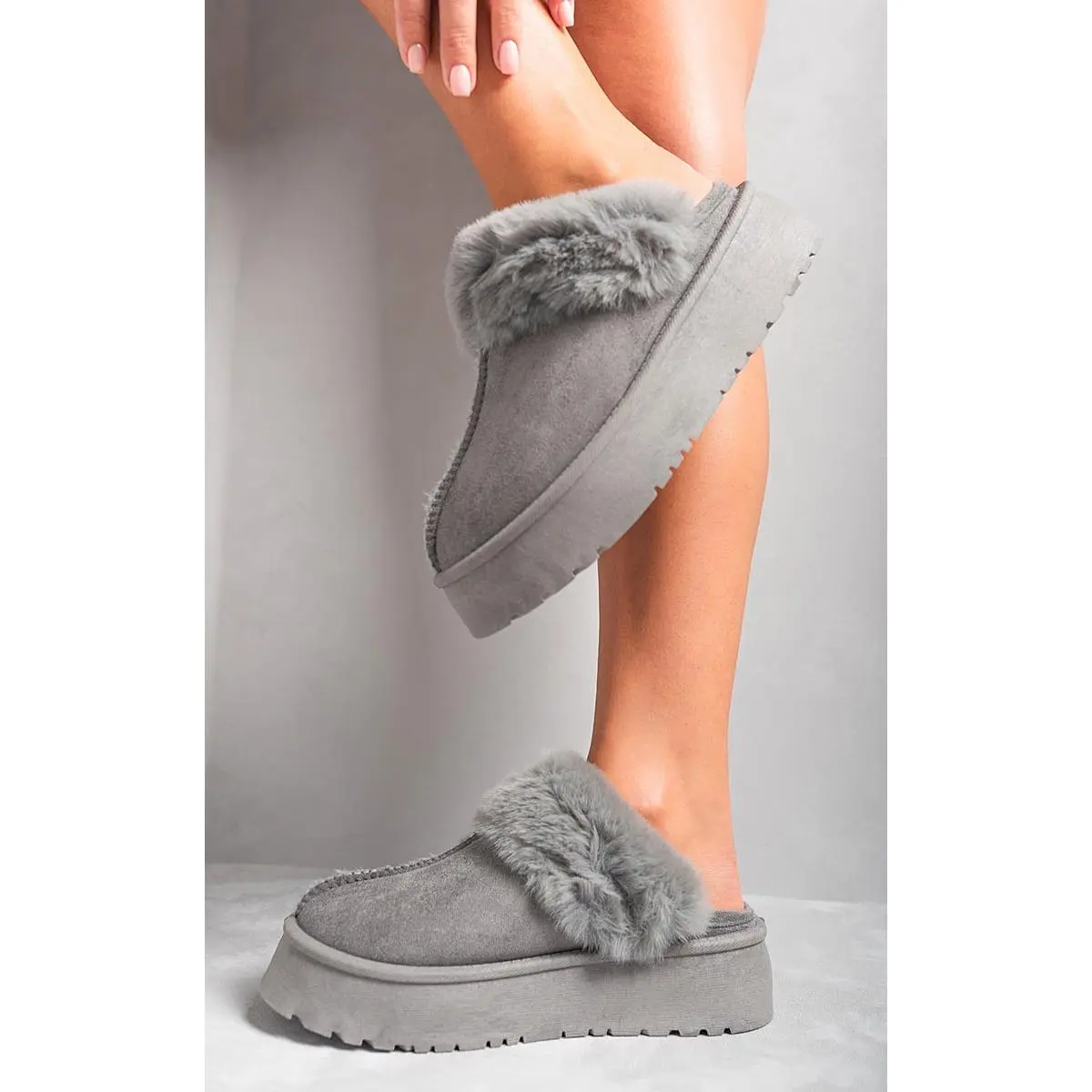 Faux Fur Trim Whisp Chunky Platform Slippers