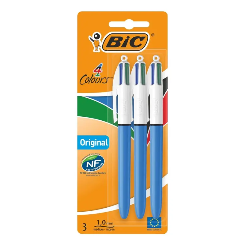 BIC 4 Colours Original Pens, Multi Coloured Pens All In One, Biro Pens, Medium 1.0mm, Green, Blue, Red, Black, 3 Pens Per Pack, 1 Pack 0