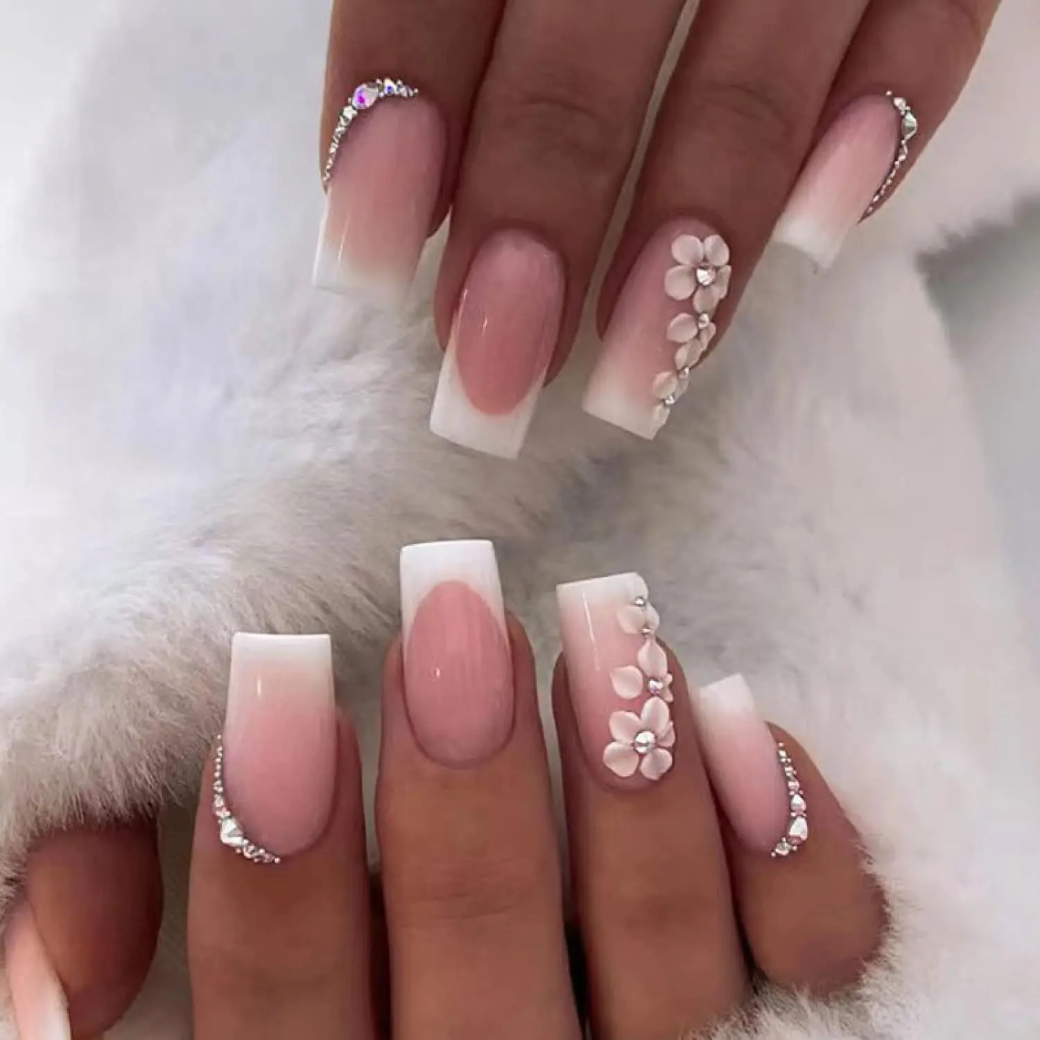 24pcs French False Nails White Tip Square Stick on Nails Flower Press on Nails with Rhinestones Removable Glue-on Nails Fake Nails Women Girls Nail Art Accessories, 1 ml