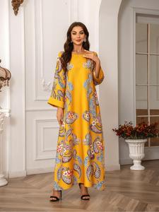 Women's Floral Pattern Faux Pearl Decorated Dress, Elegant Long Sleeve Round Neck Dress for Daily Wear, Ladies Islamic Clothing for All Seasons