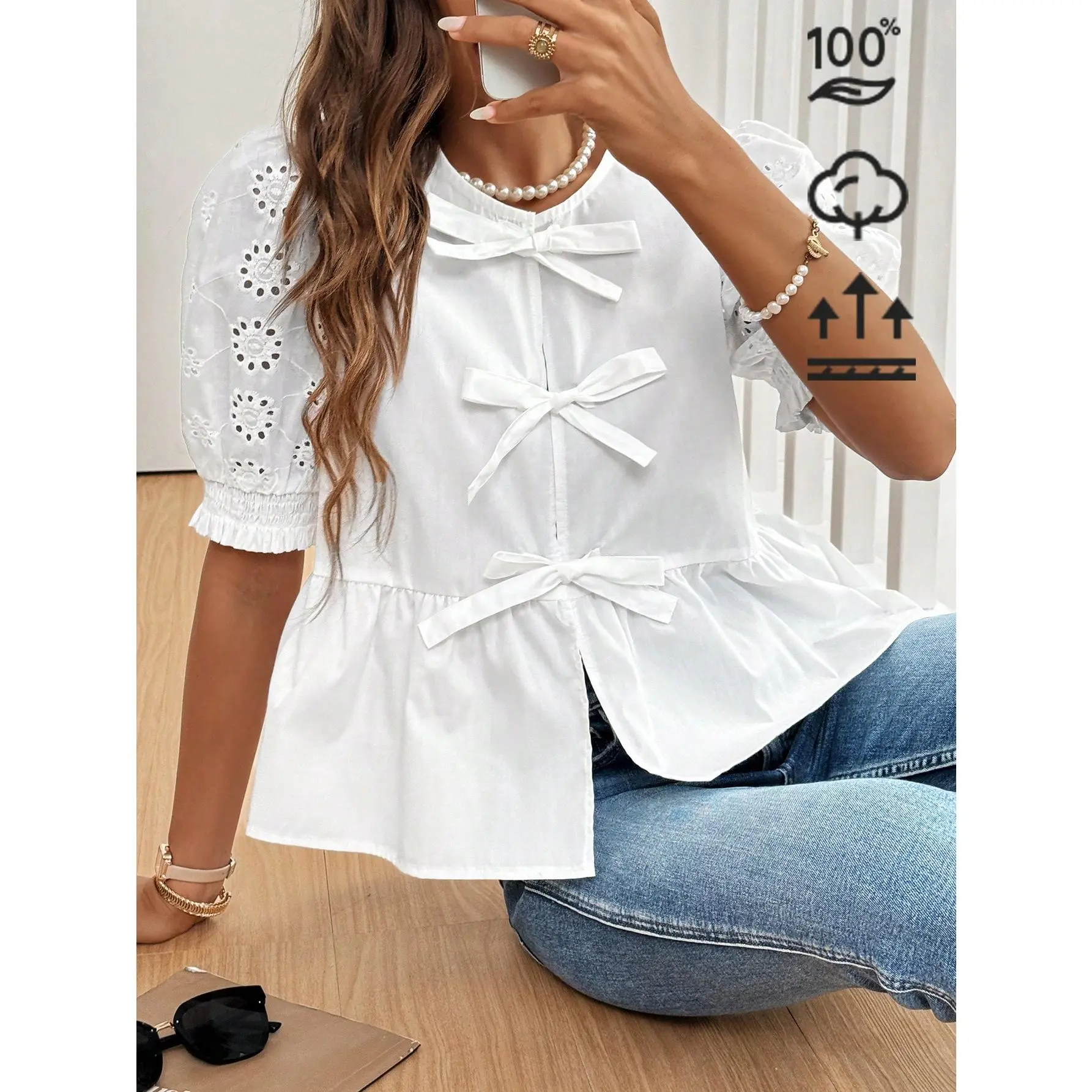 Frenchy Eyelet Embroidery Puff Sleeve Bow Front Peplum Blouse Bow Tie Design In The Front And Center 100 Fall Clothes ,Short Sleeve Tops Shirts Womenswear Minimalist Cute Basic Fitted White Comfort Shortsleeve