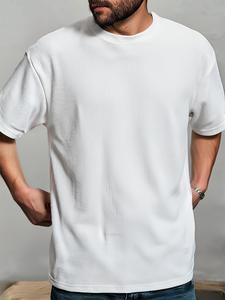 Men's Solid Waffle Knit Short Sleeve Tee, Loose Casual Comfy Round Neck T-shirt for Summer, Fashion Men's Top for Daily Wear, Tropical