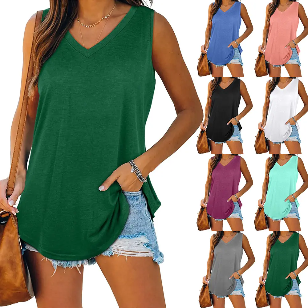 Womens Tank Tops V Neck Basic Solid Color Casual Flowy Summer Sleeveless Women's Vest Summer Relaxed Breathable Top Simple Fashion Clothing V-neck Casual Sleeveless Vest Personality Style Top