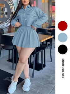 Two-Piece Set Women's Solid Button Front Crop Shirt & Elastic Waist Flared Skirt, Casual Drop Shoulder Long Sleeve Top & High Waist Skirt for Daily Wear, Ladies Two-piece Outfits for All Seasons