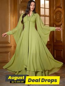 Women's Plain Tiered Layer Hem Button Flounce Sleeve Dress, Elegant Plicated V Neck Long Sleeve A Line Maxi Dresses for Spring & Fall, Women's Clothing for Party & Banquet, Dresses for Women, Summer Dresses 2025