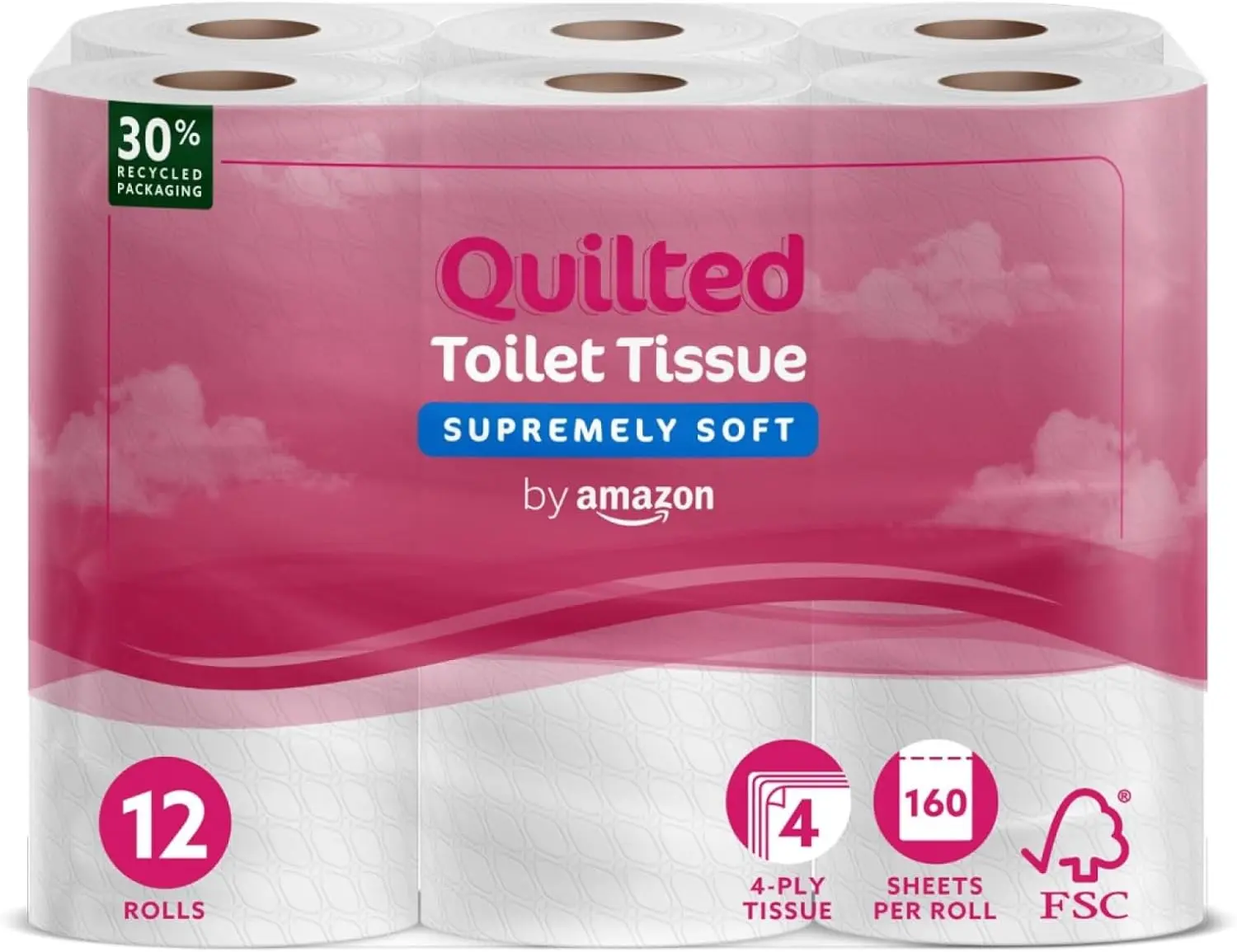 4-Ply Quilted Toilet Tissues, Unscented, 12 Rolls (1 Pack of 12), 160 Sheets per Roll