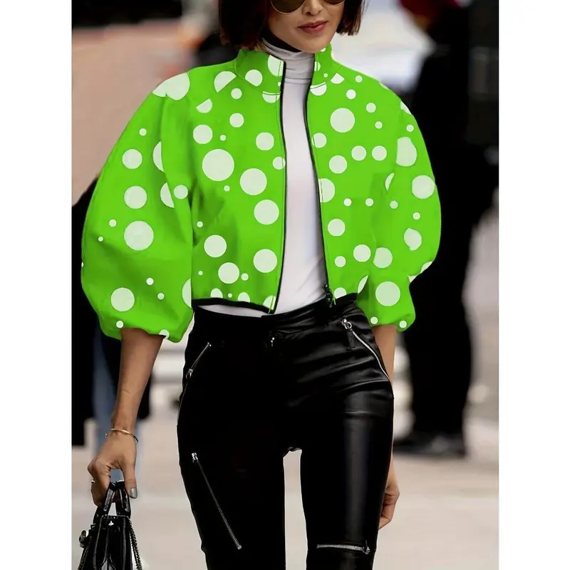 Polka-dot Print Zipper Crop Jacket, Casual Lantern Sleeve Jacket For Spring & Fall, Women's Clothing 3