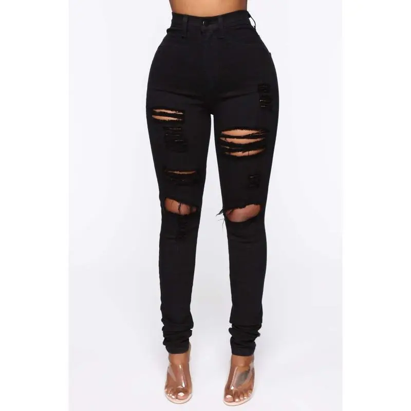 2025 Summer New Fashion Trend Cool Casual  Street Black and White Elastic Ripped Jeans Women's Pants 5