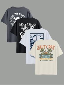 Men's Cartoon & Letter Print Round Neck Tee, Loose Casual Short Sleeve T-shirt for Summer, Men's Top for Daily Wear, Tropical