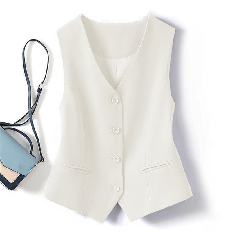 Product Introduction of Elegant Sleeveless Blazer Vest for Women - V-Neck, Button Front, Lightweight & Versatile, Perfect for Casual or Formal Occasions, White Polyester Vest with Faux Pockets Womenswear Clothes 27