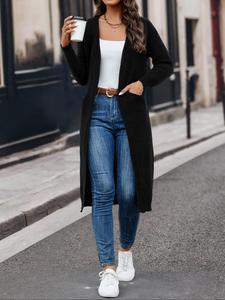 Women's Plain Textured Drop Shoulder Open Long Knit Cardigan, Casual Pocket Knitwear, Ladies Clothes For Fall & Winter Daily Wear