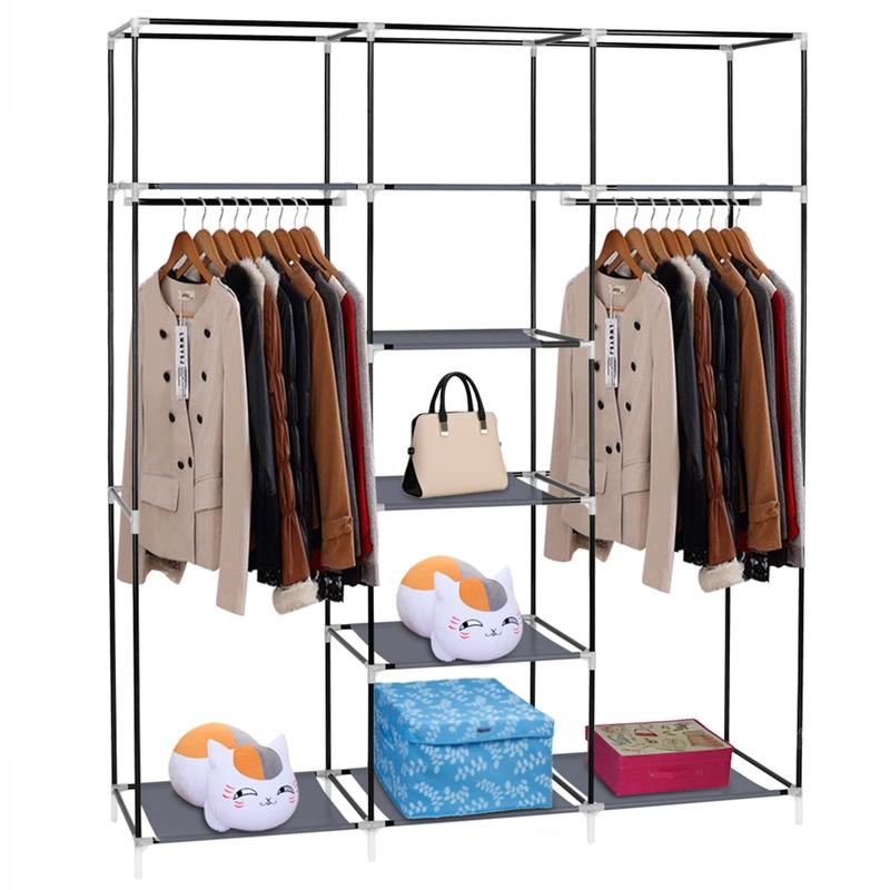Portable Clothes Closet Non-Woven Fabric Wardrobe Double Rod Storage Organizer - Gray Racks 2