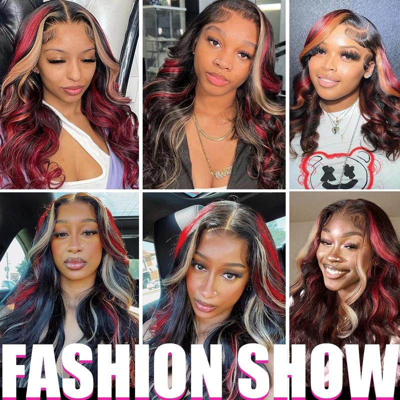 Highlight 5x5 Glueless Wigs Human Hair Pre Plucked Pre Cut Black Hair With Red blonde highlight Body Wave Wigs Human Hair 200% 6