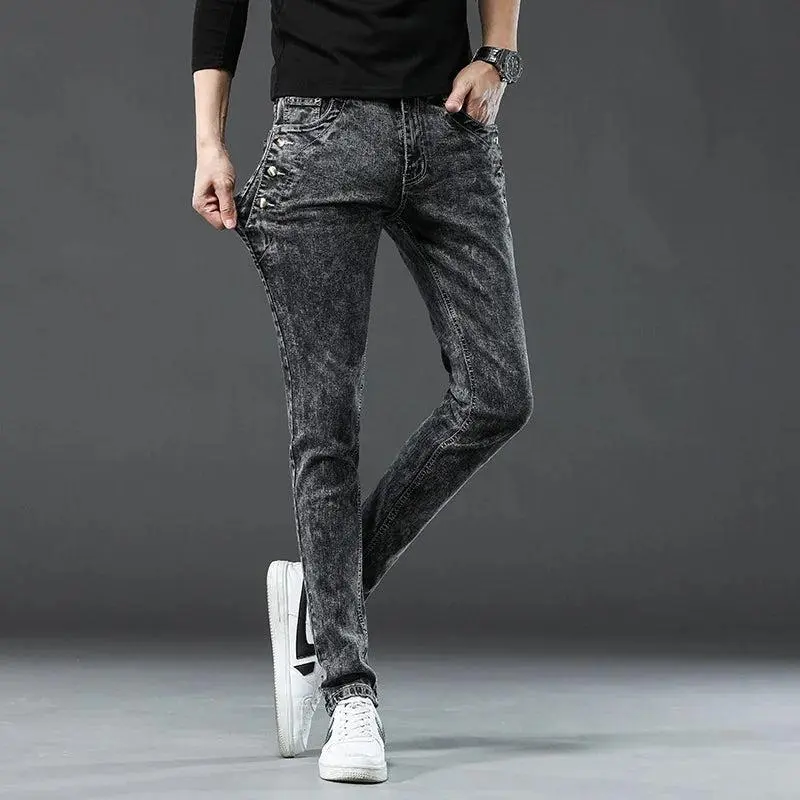 Classic Slim Vintage Fashion Men's Designer Jeans Snowflake Grey Wash Korean Fashion Stretch Pants Multi-button Denim Trousers 1