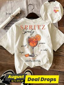 Women's Orange Juice Drink & Letter Print Round Neck Tee, Casual Shortsleeve T-shirt for Daily Wear, Ladies Sleepwear for Fall, Top, Summer Tshirt