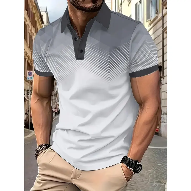 Men's Geometric Striped Gradient 3D Digital Printing Men's Summer Casual Business Button Lapel Polo Shirt 5