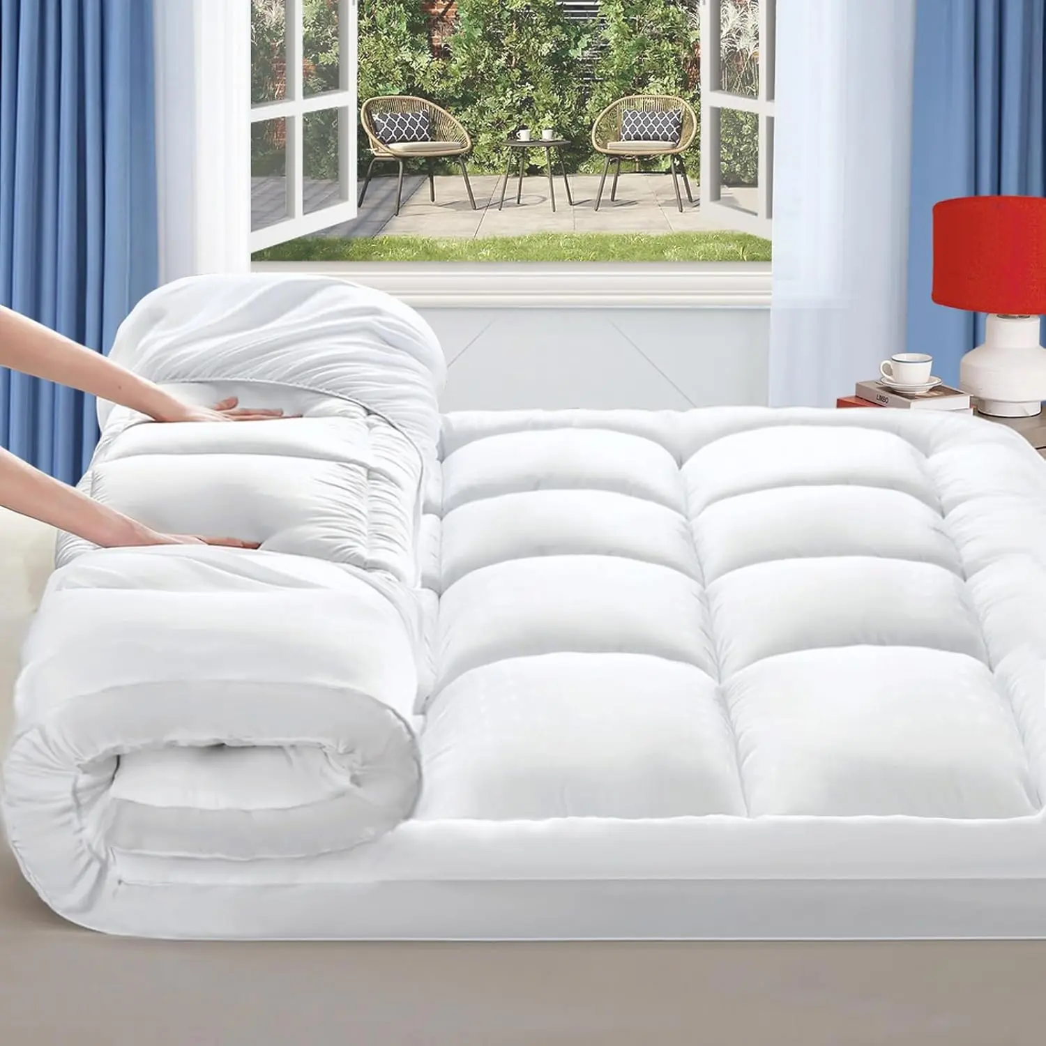 Microfiber Mattress Topper 1000Gsm Quilted Non- Allergenic Super Absorbent 10CM Extra Thick with Straps Washable Mattress Topper Double King Super King Crunchy Duvet Breathable Soft Mattresstopper