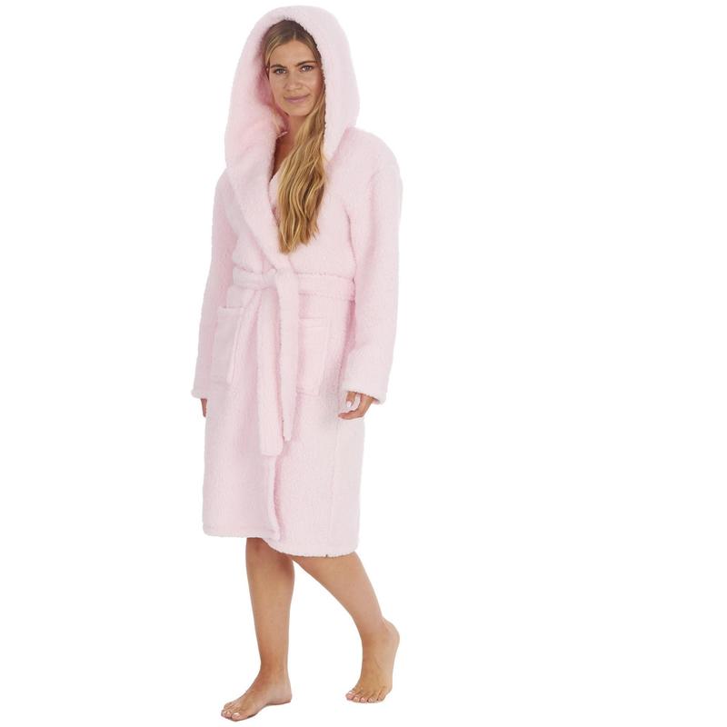 Ladies Plain Borg Fleece Warm Winter Hooded Dressing Gown ~ S-XL 5