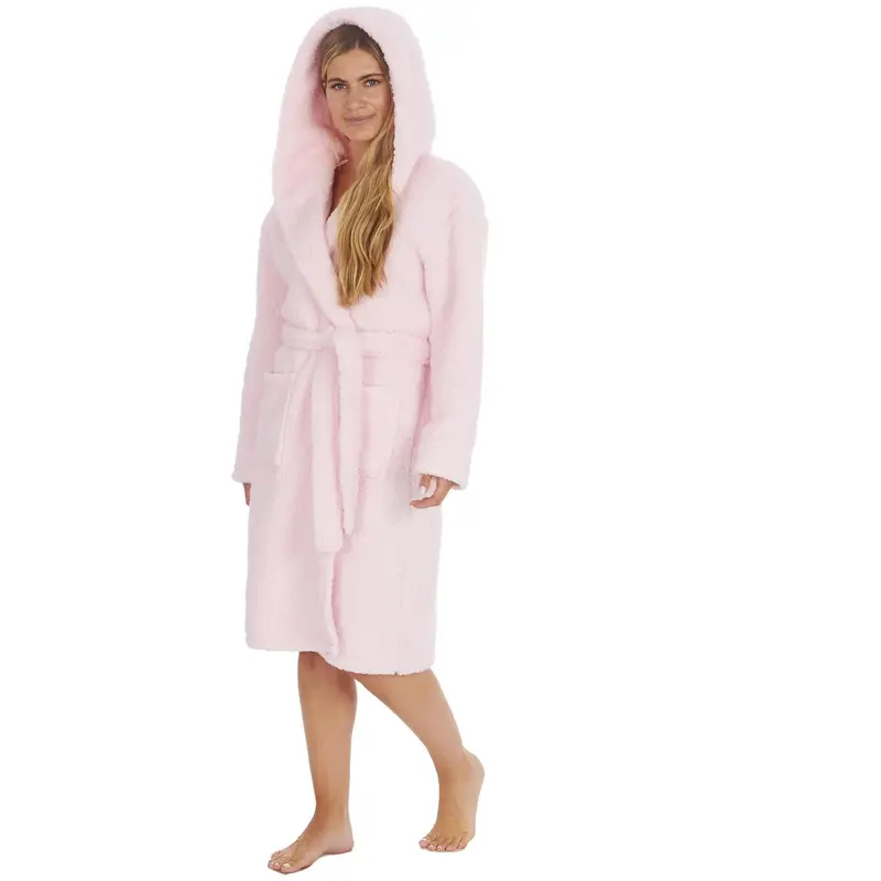 Ladies Plain Borg Fleece Warm Winter Hooded Dressing Gown ~ S-XL 5