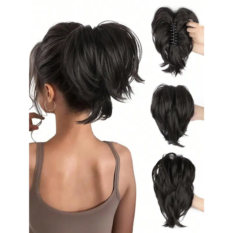 Bun Hair Piece, 10 Inch Claw Clip Short Ponytail Hair Extensions Bendable Messy Wavy Curly Fake Hairpieces For Women 6