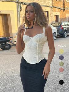 Women's Floral Lace Corset Structure Crop Tank Top, Slim Summer Clothes Women, Cute Fashion Casual Elegant Sleeveless Crop Top for Daily Outdoor Wear, Women Top for Summer