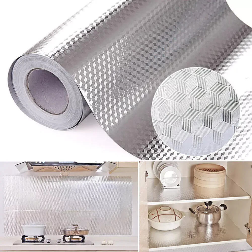 Oil Proof Kitchen Stickers Self Adhesive Waterproof Aluminum Foil Wall Decor, Heat Resistant Backsplash Tiles, Stylish Protection for Kitchen, Peel and Stick Wallpaper, Marble Protected Oil Proof Sticker, Tiles Protected Sticker, Kitchen Accessories