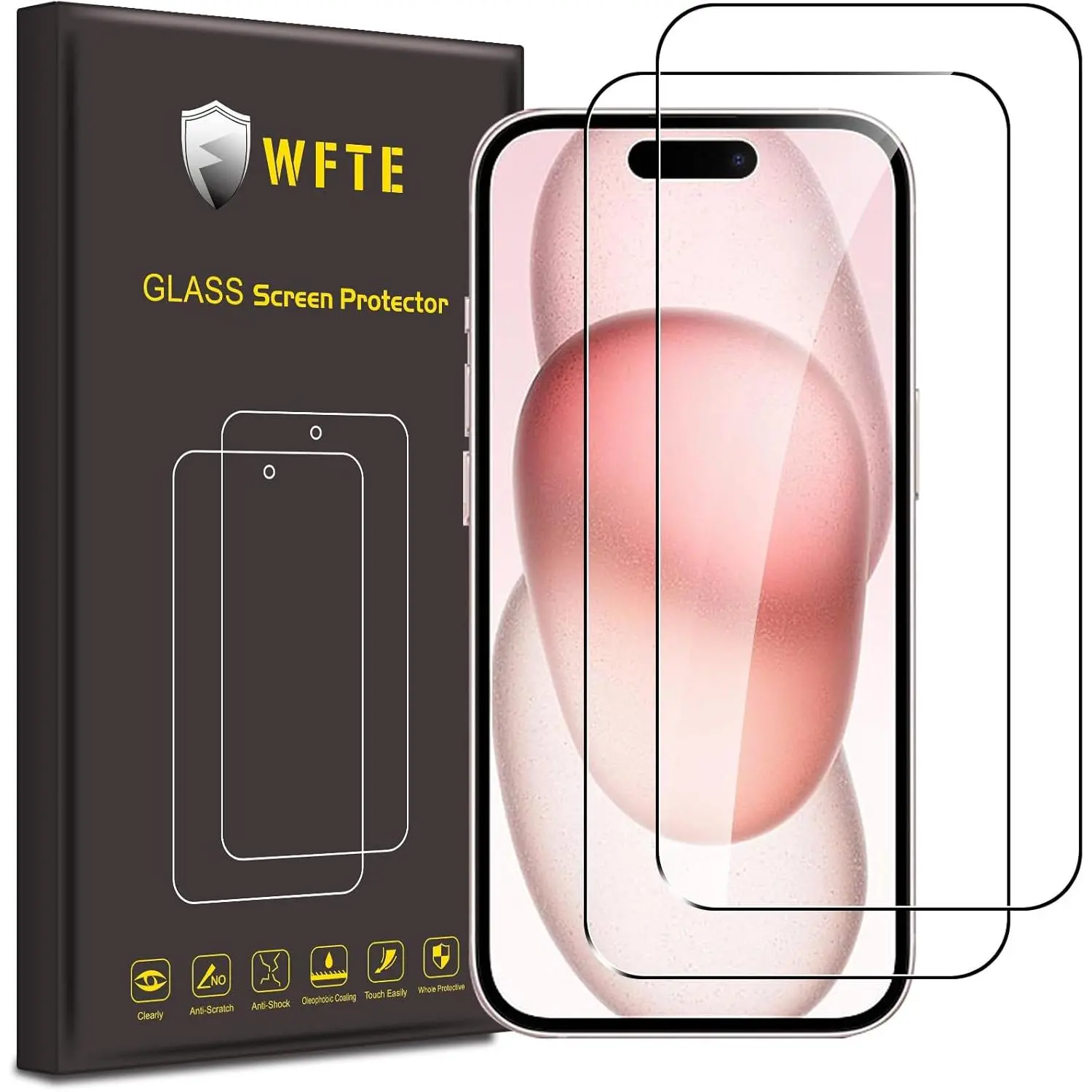 WFTE [Pack of 2 Tempered Glass for iPhone 15/15 Pro, 0.26 mm Screen Protector with 99% High Transparency, Anti-Fingerprint Screen Protector with 9H Hardness Glass